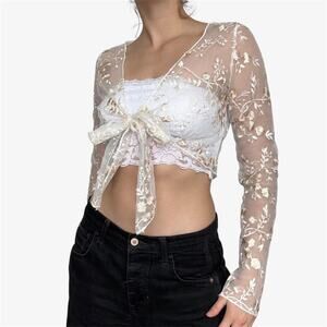 White Lacey sheer emrboidered tie-up crop top sweater Y2K-style floral details